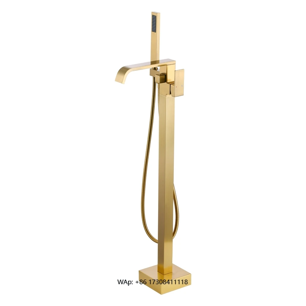 Floor-to-ceiling waterfall tub filler with hand shower, brass floor mixer faucet Brushed gold freestanding tub faucet