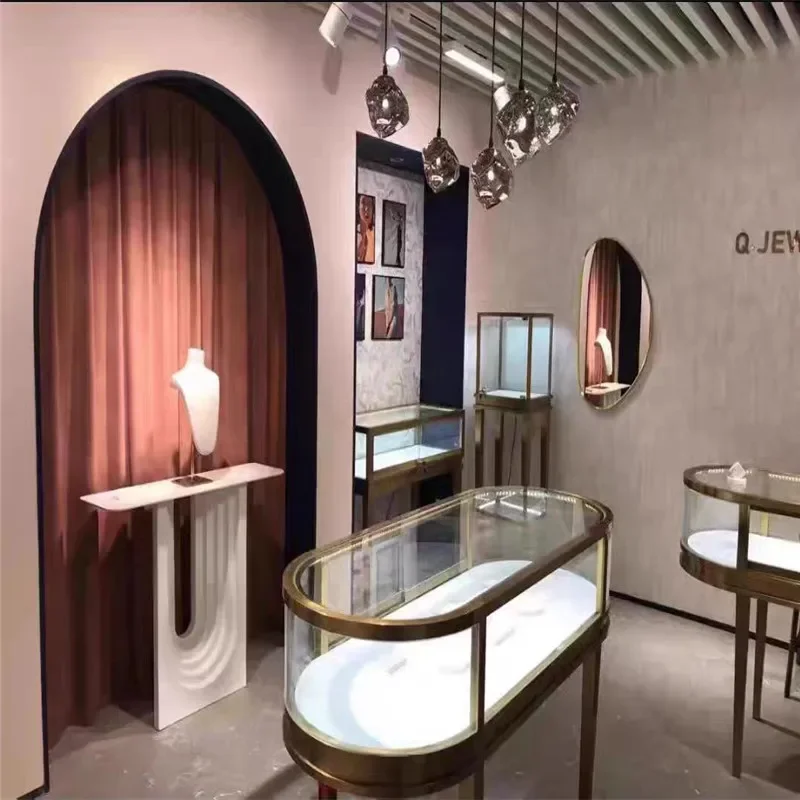 for Custom Ring Jewelry Display Cabinet Stainless Steel Glass Luxury Earrings Bracelet Store Showcase