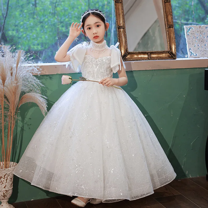 White Girl's Dress Puffy Tulle Children's Birthday Princess Dress Flower Girl Wedding Dress Girl's Host Piano Performance Costum