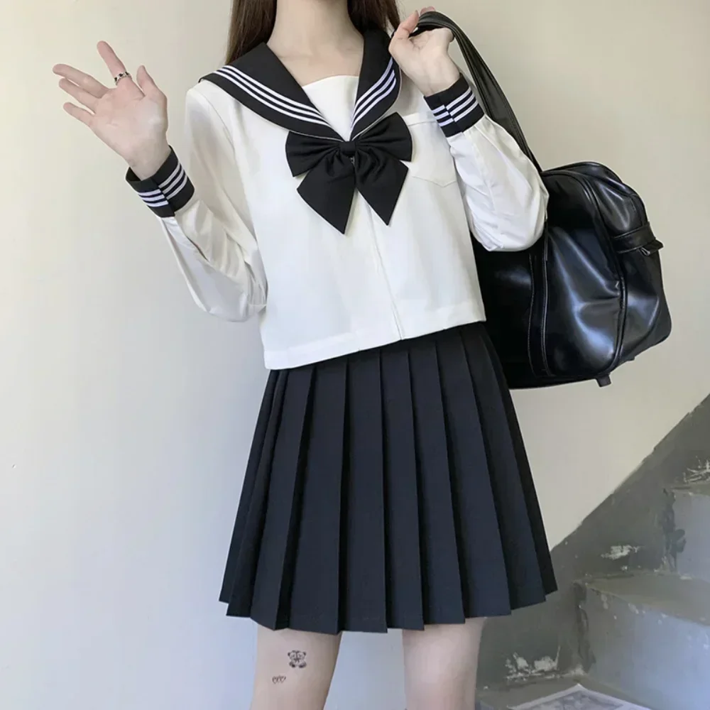 Japanese School Uniform Girls Plus Size Jk Suit Black Tie Black Three Basic Sailor Uniform Short&Long Sleeve Suit Pleated Skirt