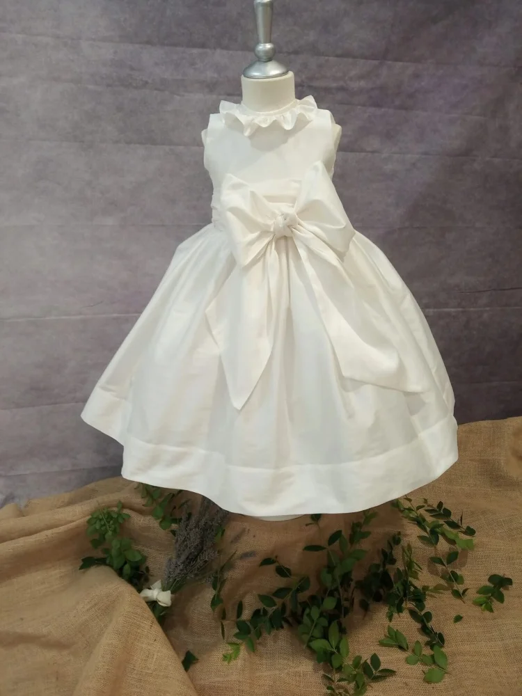 Customized Satin Flower Girl Dress for Wedding Sleeveless Ruffle Collar Pearl Button Back Sash Waist A‑Line Tutu Gown oddler