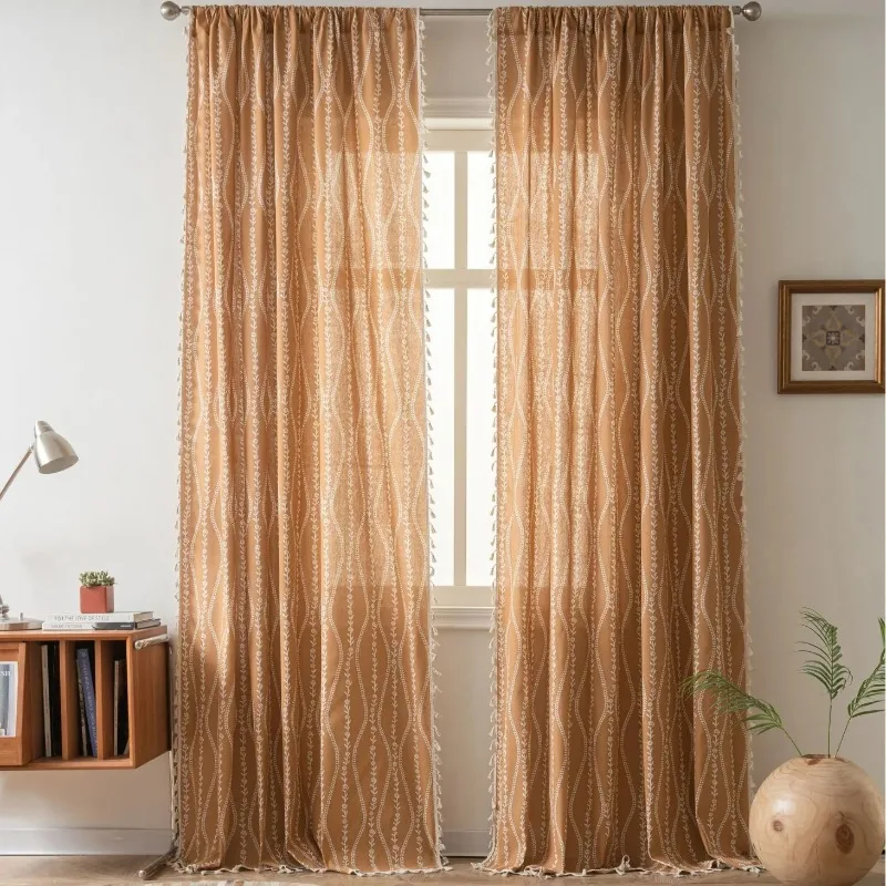 1 Panel Cotton Linen Sheer Curtain Boho Farmhouse Floral Curtains Vintage Cottage Core Western for Kitchen Living Room Bedroom