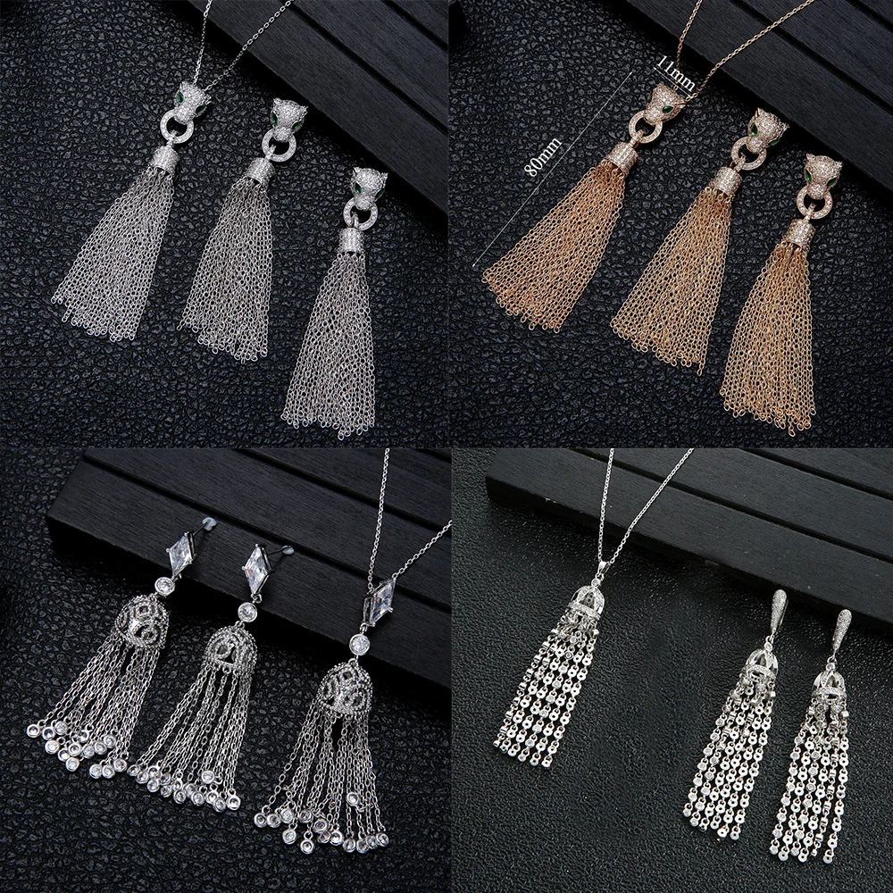 Fashion Luxury Full zircon 2 Pcs Necklace Earrings Set for Women Tassel Leopard Head Pendant Wedding Bridal Elegant Set Gift