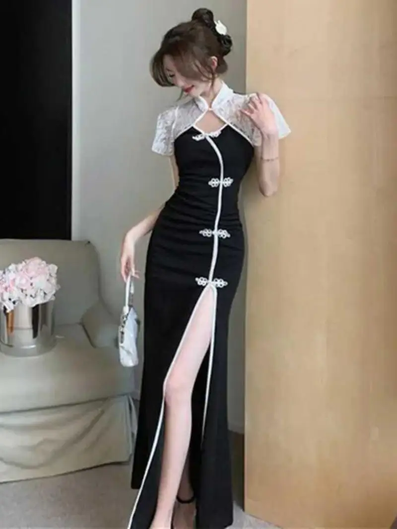 فستان تشيباو الصيني الجديد مقاس كبير، فستان شيونغسام أنيق، تنورة طويلة بفتحة متعرجة للنساء على الطراز الوطني فستان تشيباو حديث #5