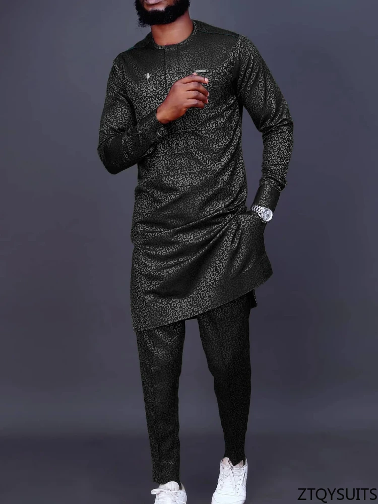 New Dashiki Men's Set Black/Red Round Neck Long Sleeve Luxury Brand Men's Suit Casual Slim Fit Men's Set Wedding Evening Suit