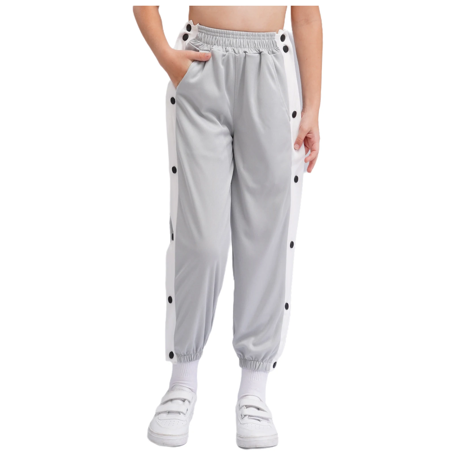 Kids Boys Girls Fashion Side Split Press Button Pants Casual Contrasting Stripe Sweatpants Sport Basketball Trousers Streetwear