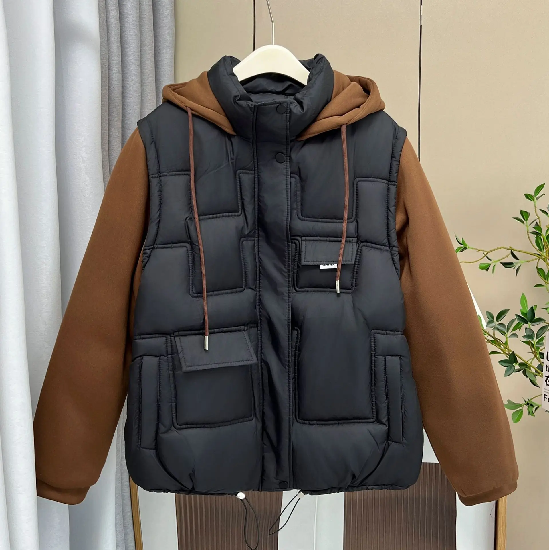 Plus Size Women Parka Winter Loose Knitted Stitching Sleeve Fake Two Pieces Thick Warm Hooded cotton-padded Coat 6859