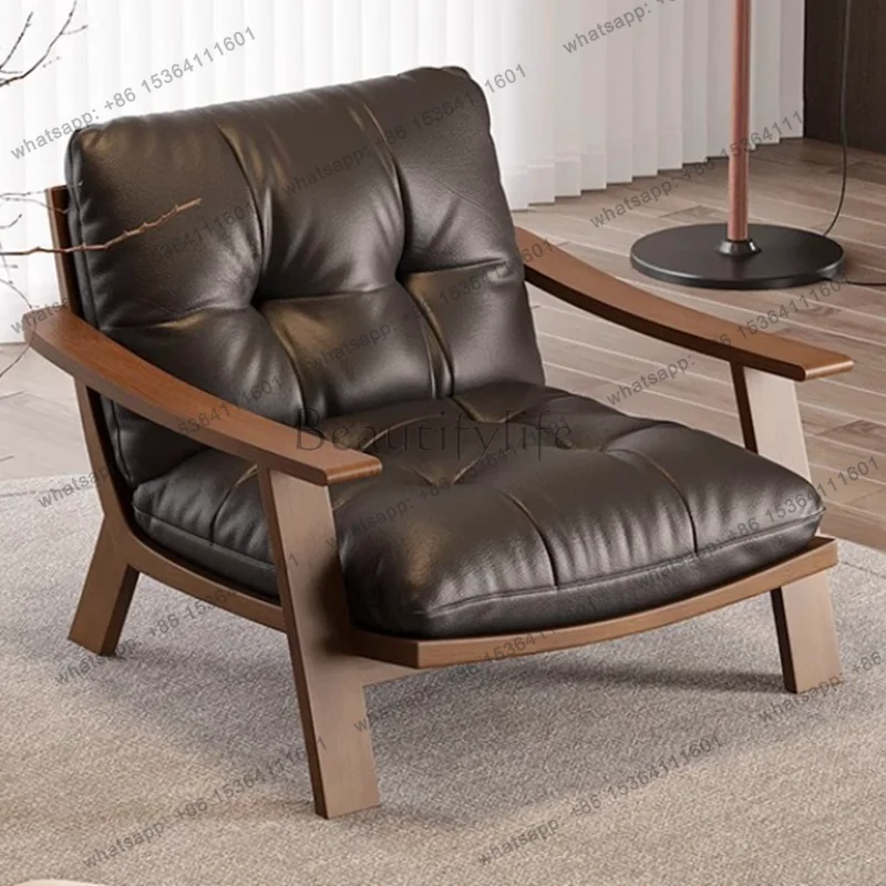 PG Solid wood sofa chair, casual chair, genuine leather single person sofa chair, balcony lazy sofa chair
