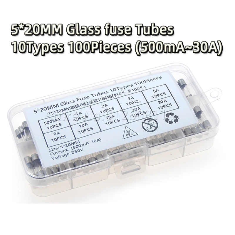 

100 шт./кор. 5*20 мм комбинированный комплект стеклянных трубок предохранителей, 10 видов, 100 шт. 500 мА/1 А/2 А/3 А/5 А/10 А/15 А/25 А