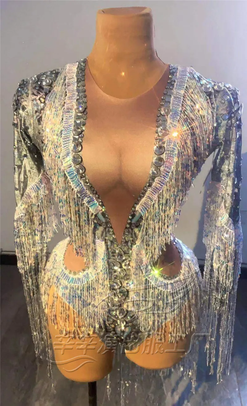 Sequin Long Sleeve Tassels Bodysuit Stretch Leotard Nightclub DJ Singer DS Costume Party Show Stage Outfits Sparkly Rhinestone