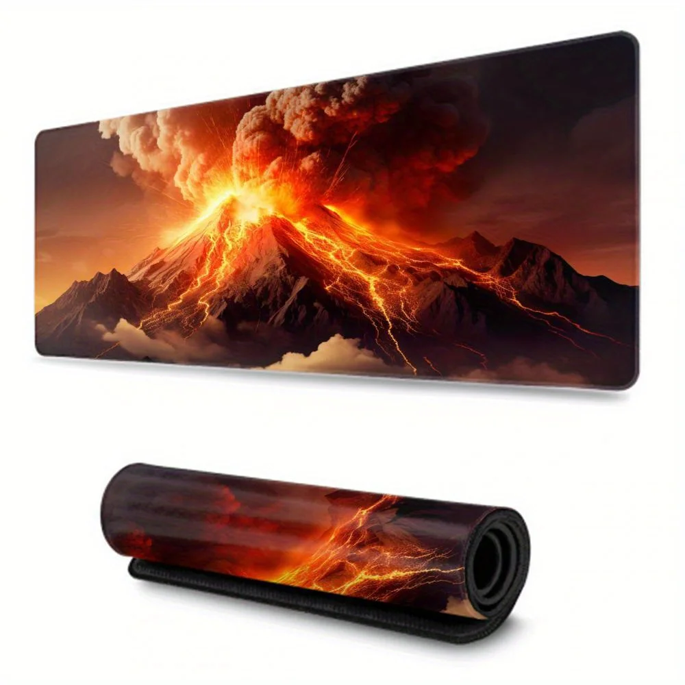 Erupting Volcano Mouse Pad Large Gaming Desk Mat with Non-Slip Rubber Base, Precision Stitched Edges & Washable Surface
