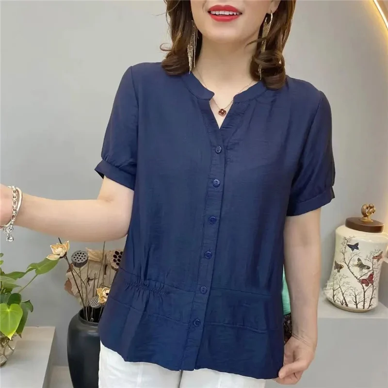 Summer V Neck Solid Loose Short Sleeve Chiffon Top Blouse Women Fashion Ruffled Casual Button Up Shirts Blusas Mujer Clothes2023