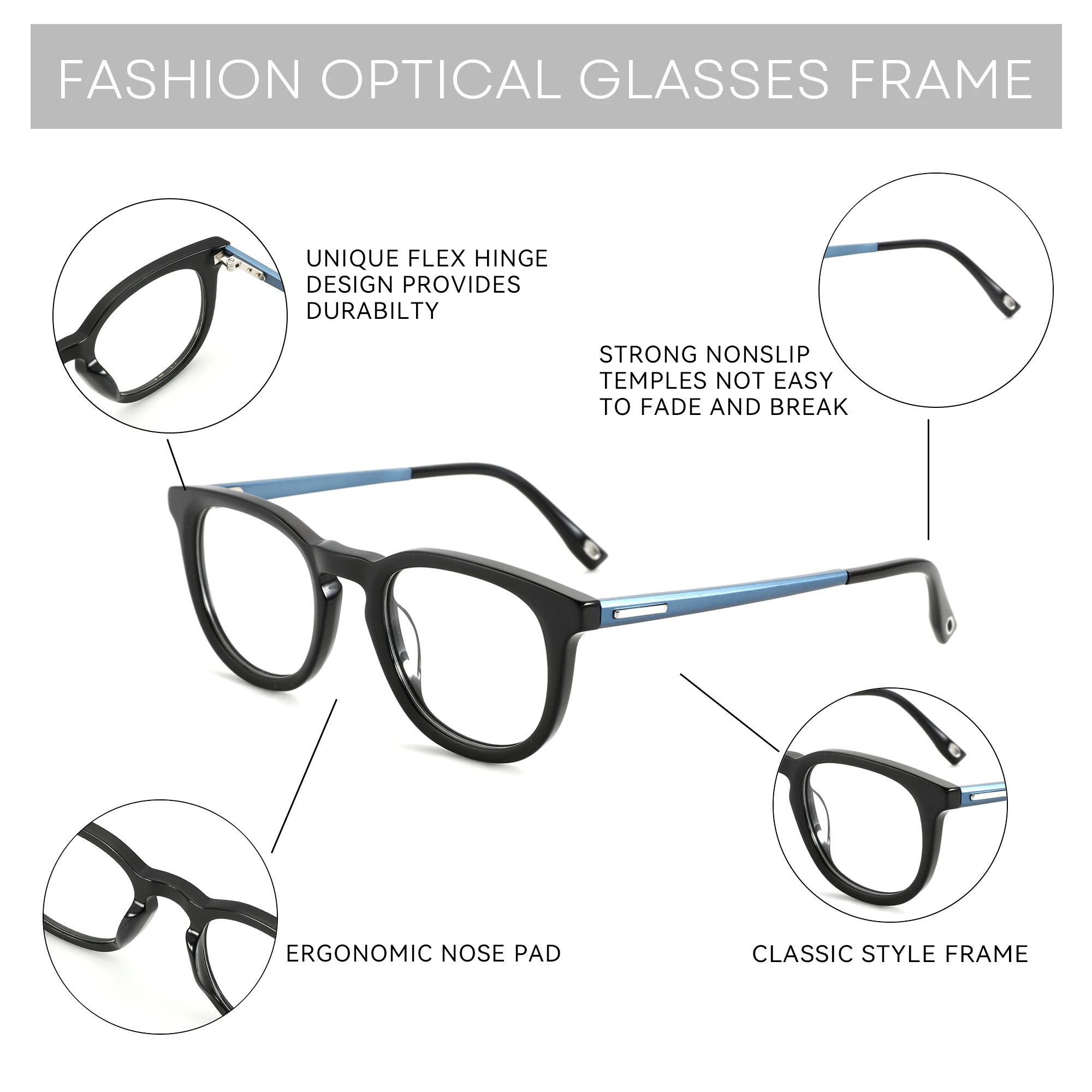 BLUEMOKY (مقاس M) النساء والرجال وصفة طبية مستديرة من الأسيتات نظارات بصرية مصححة متعددة البؤر لقصر النظر مضادة للضوء الأزرق جمالية