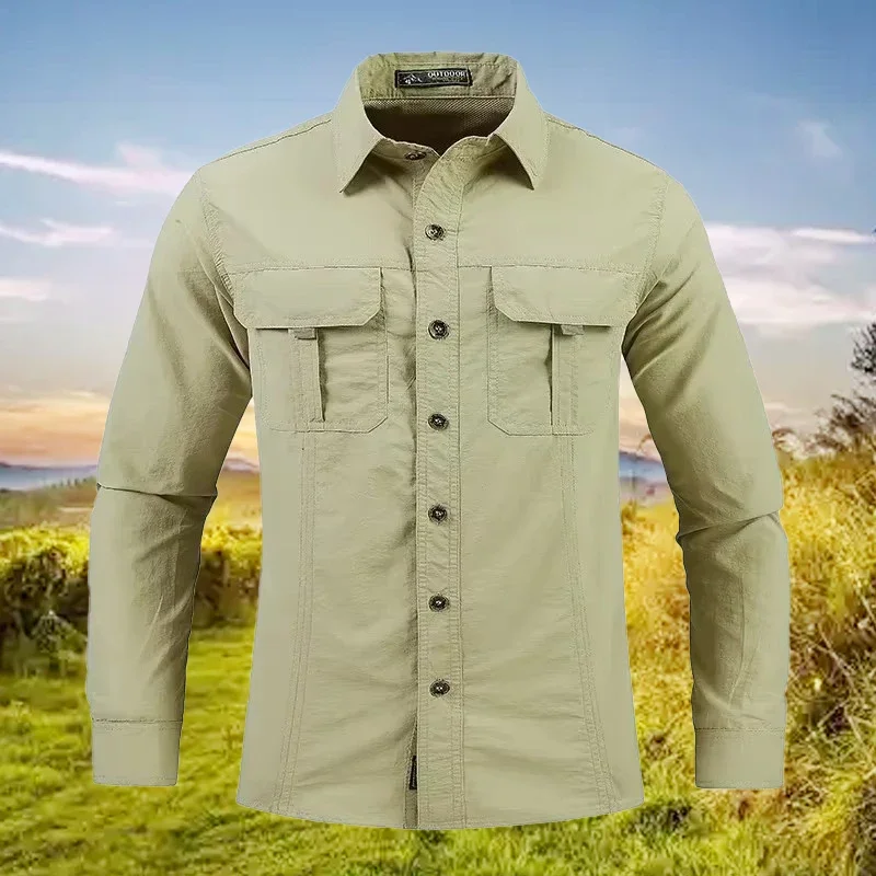 5XL Men Lightweight Quick-Drying Shirt Tactical Casual Military Long-Sleeved Cargo Shirt Breathable Sport Sunscreen Hiking Shirt