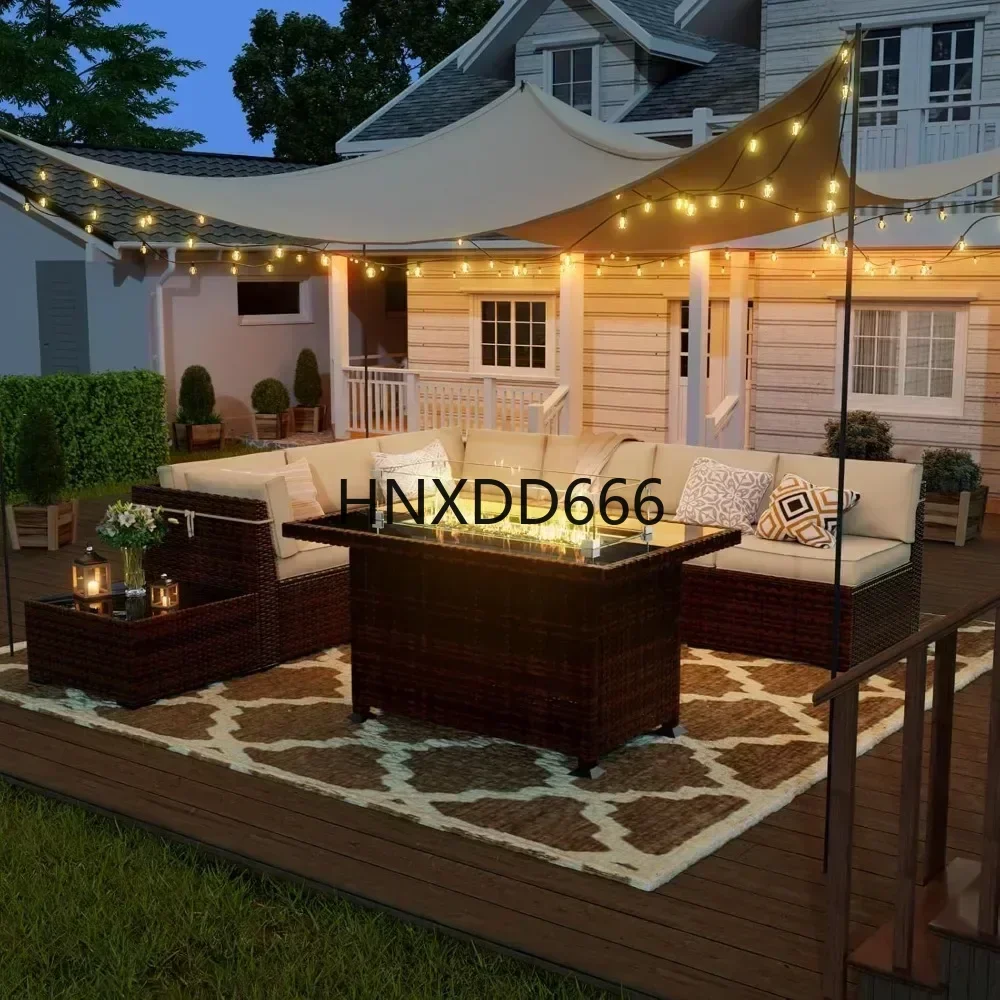 8 Pieces Patio Furniture Set with Glass Top Fire Pit Table Sectional Rattan Sofa with Slanted Back Patio Couch Outdoor Furniture
