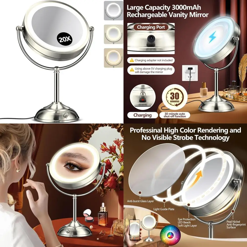 9 Rechargeable LED Makeup Mirror with 30-Minute Timer, 3 Lighting Modes, Adjustable Brightness, 360° Rotation, Pearl Nickel Fini