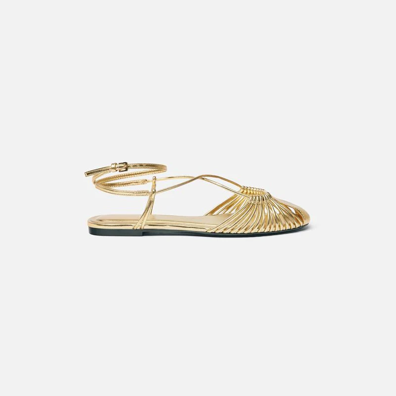 

n Flat Head Cover oes for Women Gold Woven Roman Sandals Faionable Summer Flats with Bule Strap Pigskin Interior