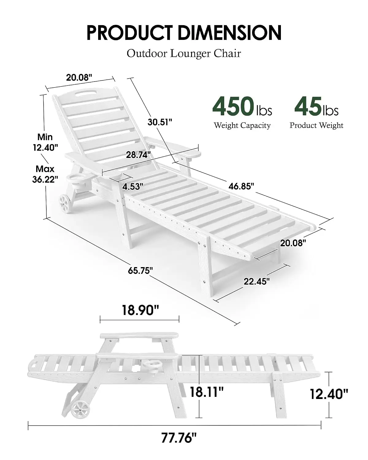 Outdoor Chaise Lounge Set 2, Adjustable 5-Position HDPE Recliner with Wood Texture, Wheels & Cup Holder, White, Customized