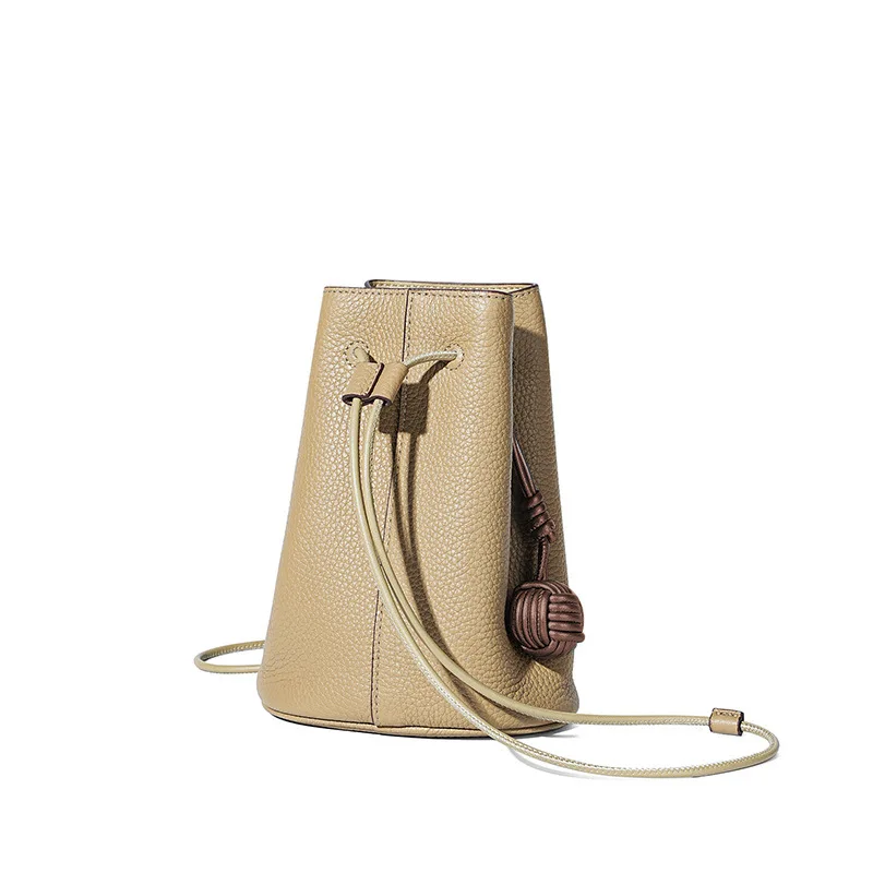 Women Mini Full Grain Cowhide Drawstring Bucket Bag, Adjustable Strap Genuine Leather Crossbody Handbag Small Shoulder Purse