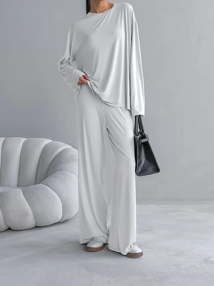 Spring New Round Neck Long Sleeved Pants Pajama Set Women's Solid Color Basic Top Casual Loose Home Clothing Suits  Sleepwear