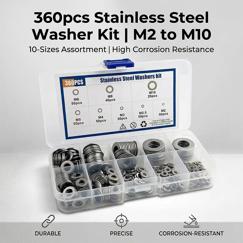 360PCS 304 Stainless Steel Flat Washers Kit, M2–M10 Assorted Plain Washers for Bolt, Nut, Screw Spacing and Repair Use