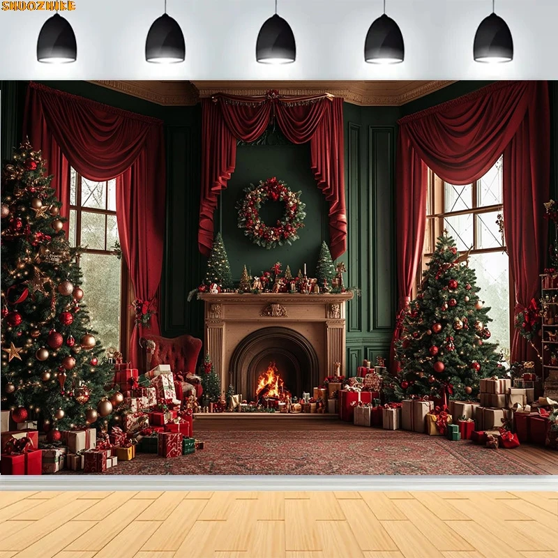 

Christmas Day Wreath Family New Year Party Photography Backdrops Prop Window Living Room Xmas Tree Gift Snow Background WD-30