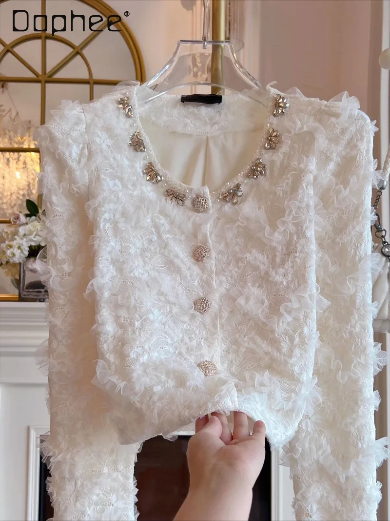 

Elegant Socialite White Lace Shirt Heavy Beading Rhinestone Patchwork Round Neck Long Sleeve Loose Slim High-end Women's Top