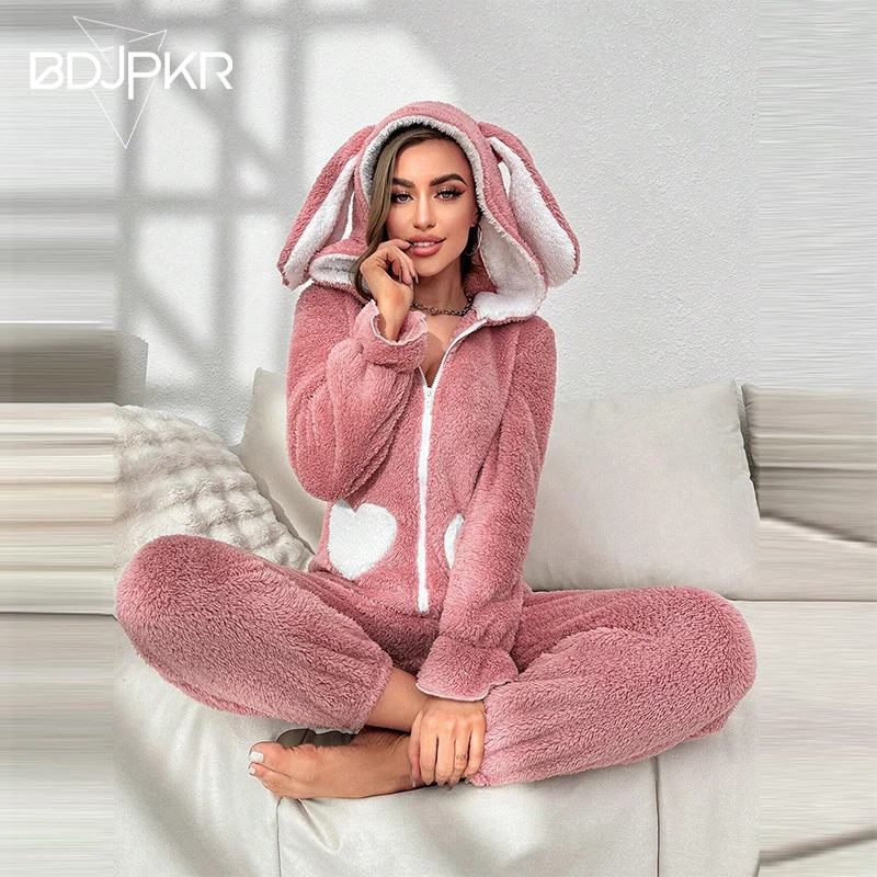 

Pink Rabbit Kigurumi Unicorn Plush Coat Women's Autumn/Winter Flannel Pajamas Zipper Collar Hat Girls' Clothing Pajamas YCF133