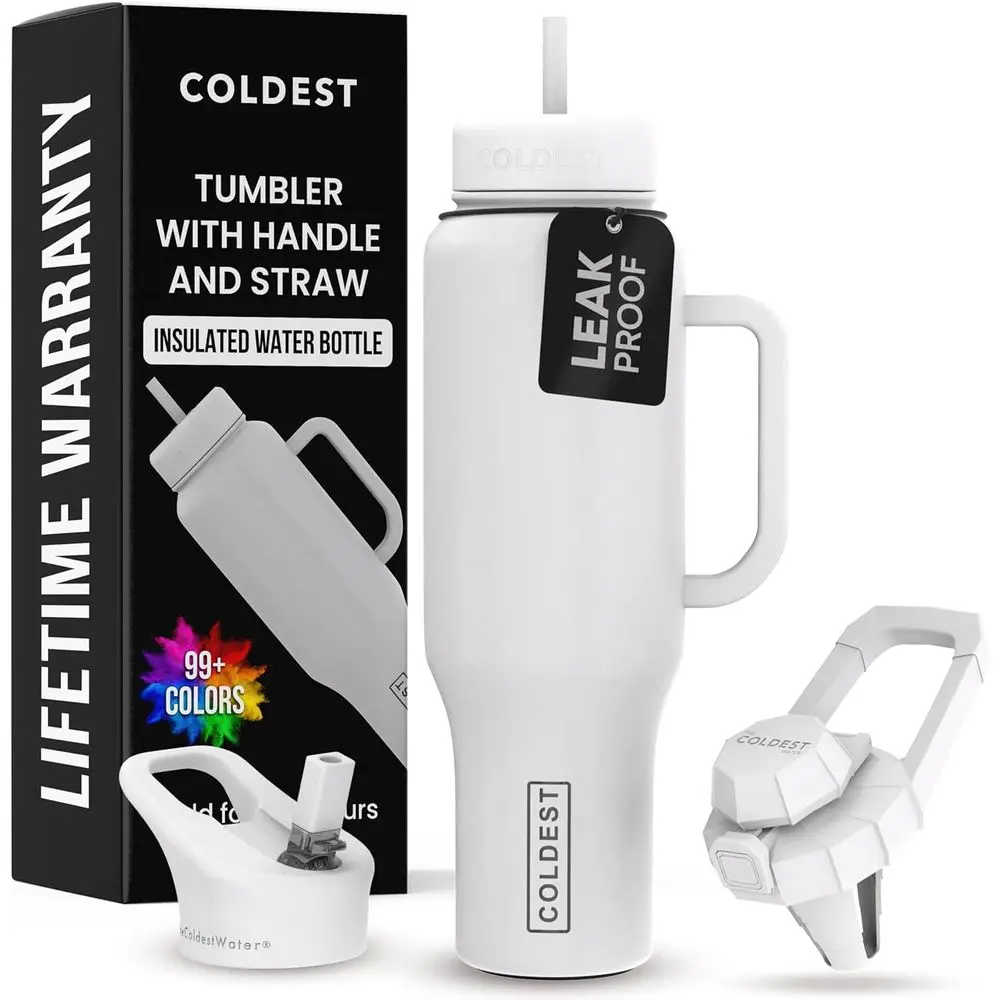 

46 oz Insulated Tumbler with Handle and 3 Lids - Leak-Proof, Stainless Steel for Men & Women - Cup Holder Friendly Base, White