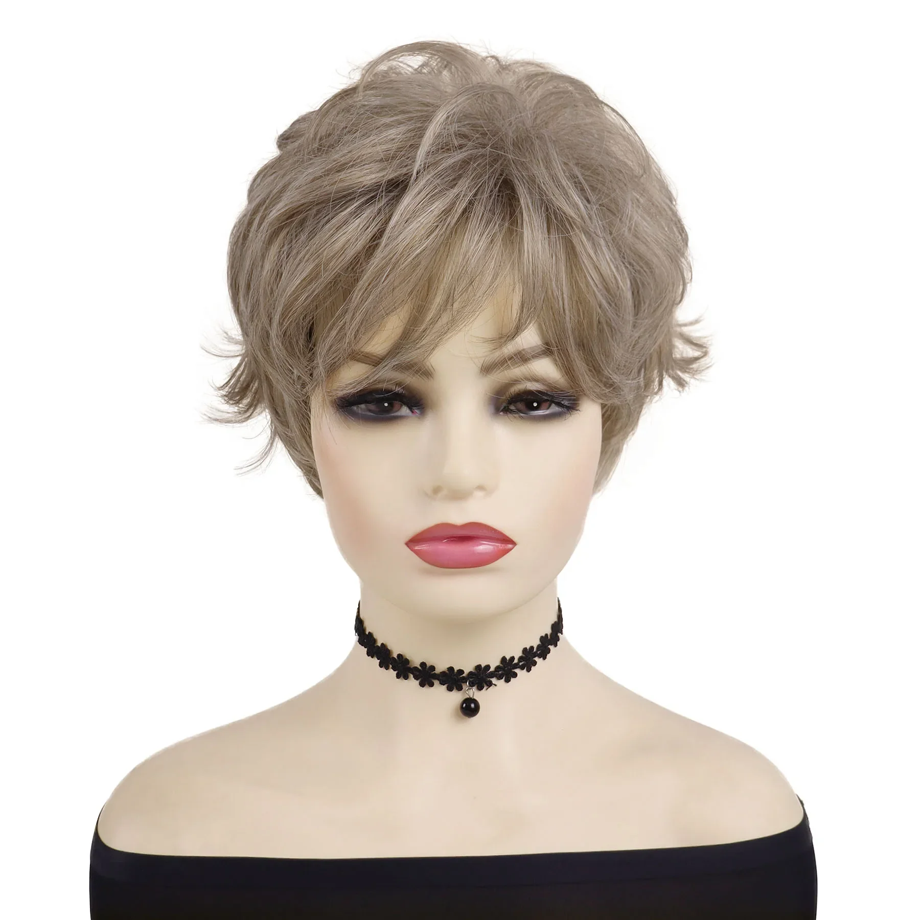 Synthetic Mixed Brown Hair Short Curly Wig with Bangs Pixie Cut Wig for Women Stylish Mommy Wigs Natural Daily Cosplay Casual