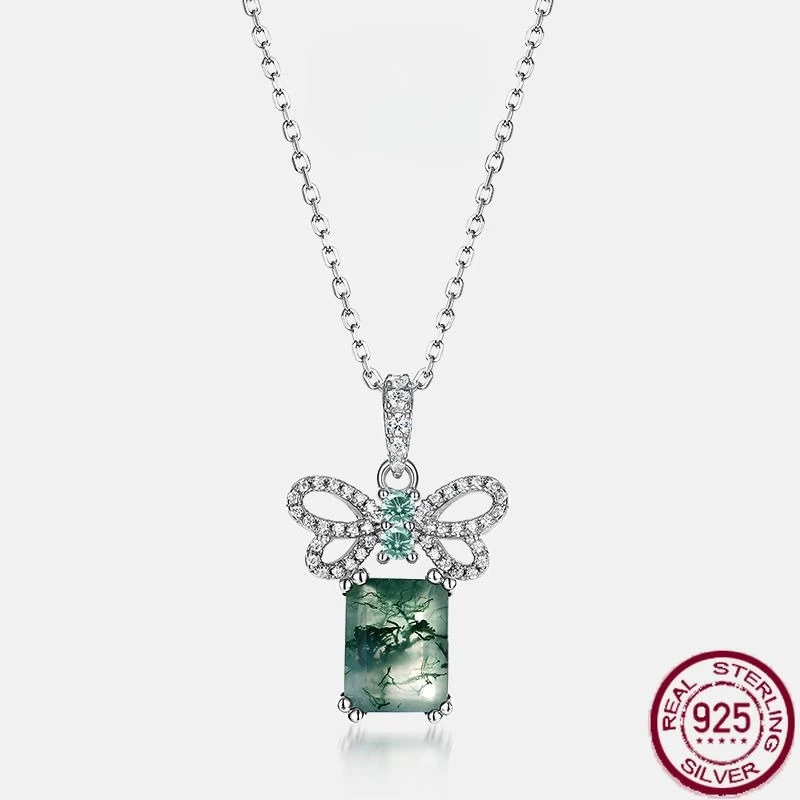 

New S925 sterling silver green moss stone pendant, water grass agate pendant, fashionable European and American wedding jewelry