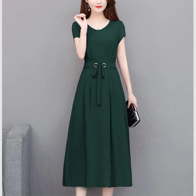 Spring and Summer New Fashion Drawstring Simplicity Solid Color Commuter Versatile Short Sleeve Casual Mid Waist A-line Dress