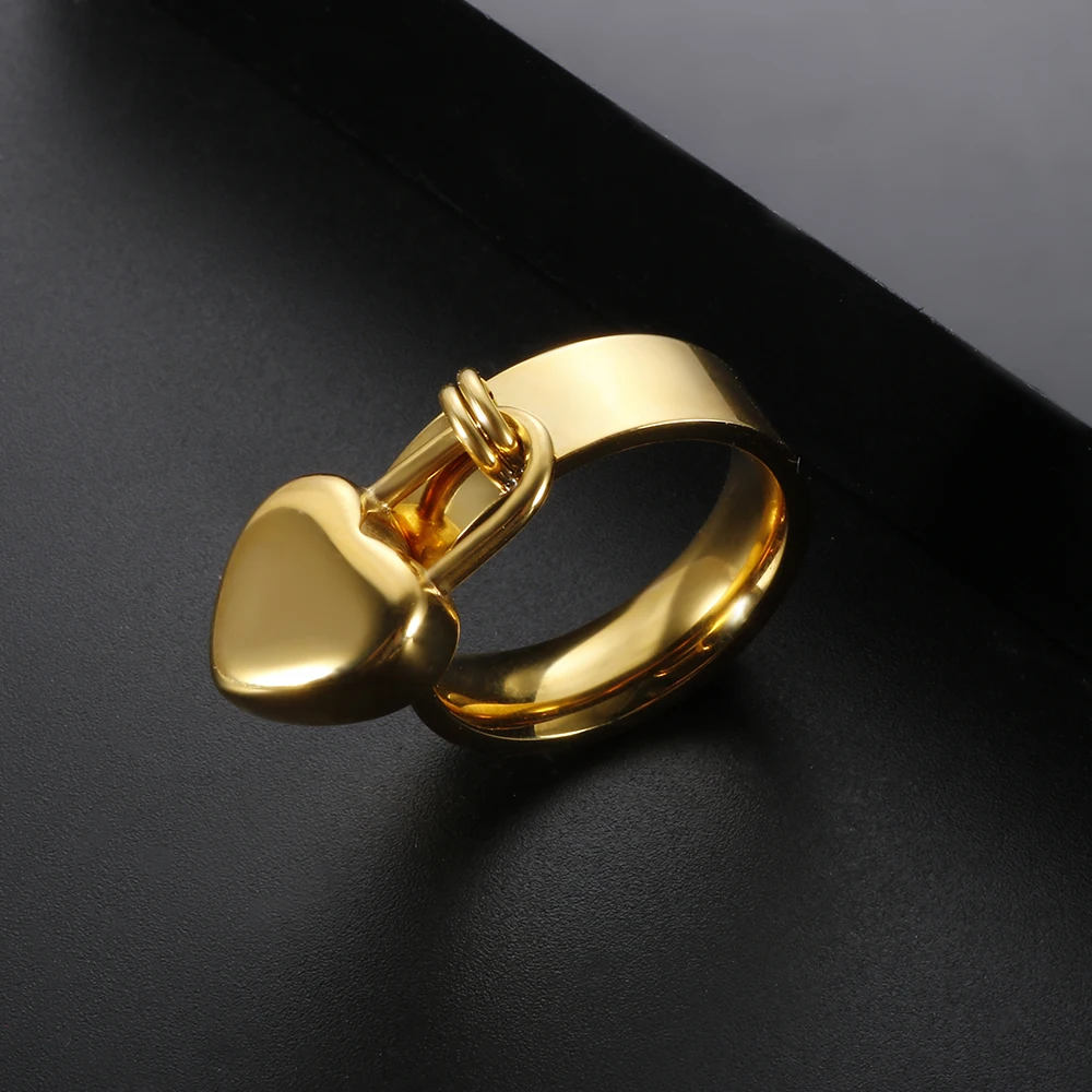 Trendy Stainless Steel Gold Color Love Heart Lock Pendant Ring for Women Lover Wedding Finger Ring Jewelry