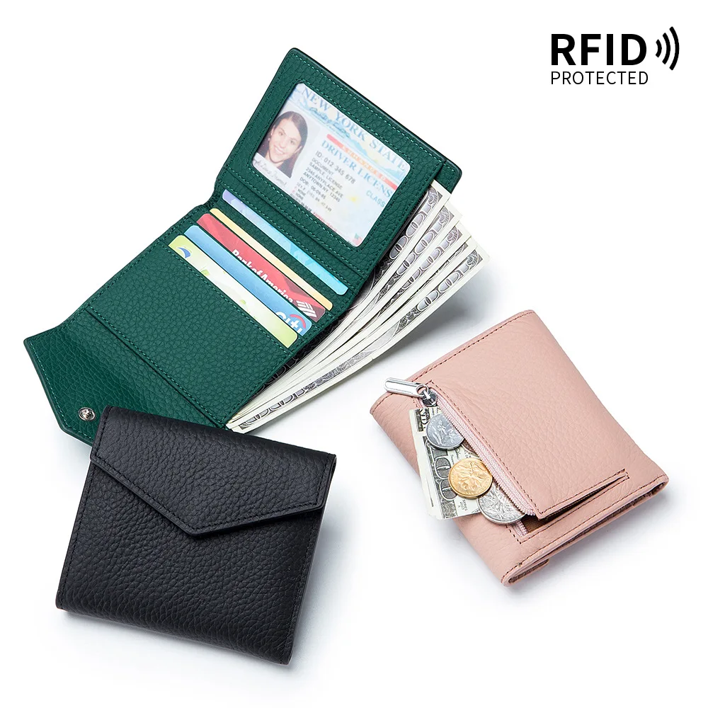 Genuine Leather Women Wallet Short RFID Female Fashion Envelope Wallet Card Holder Small Purse Zipper Coin Pocket High Quality