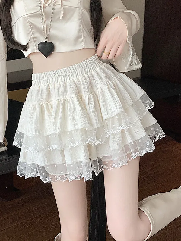 Sweet Lace Trim Cake Skirt Women's High Waist Fluffy Anti-Light Semi-Body Skirt Versatile Slimming Short Skirt