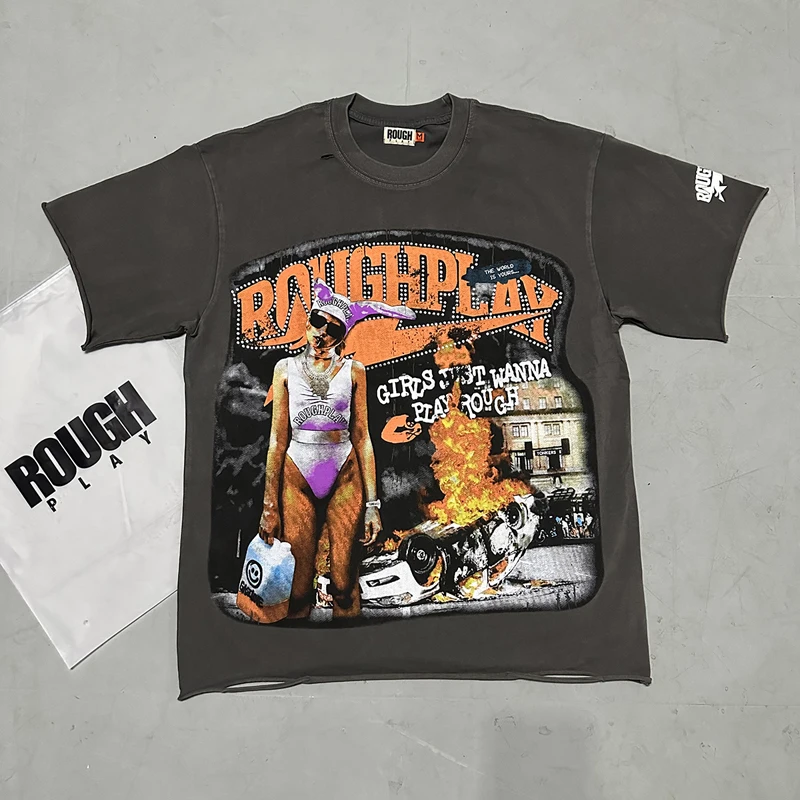 2026 Men's Women's Rough Play T-Shirt New American Retro Weathered Print Beaded Details Short Sleeve