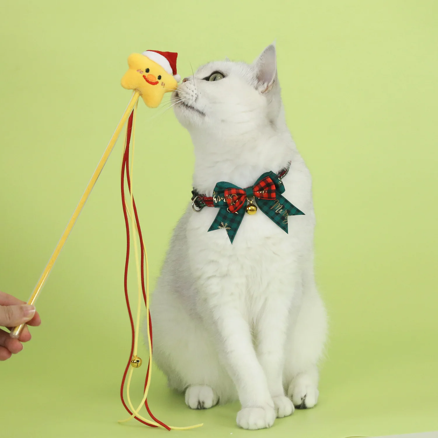 Jingle&Sparkle Merry Christmas Pet Bow Collar Anti-Choke Adjustable with Plaid Gold Foil Bows & Bells Festive Neckwear Cats Dogs - view 2
