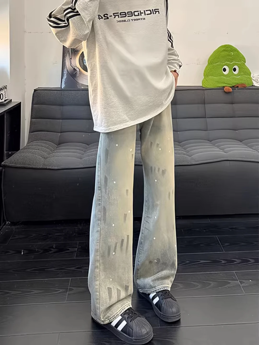 

Waed Blue ey Men's Straight Leg Jeans Autumn American High Street Vibe Splaed Ink Micro Flared Pants Clean Fit
