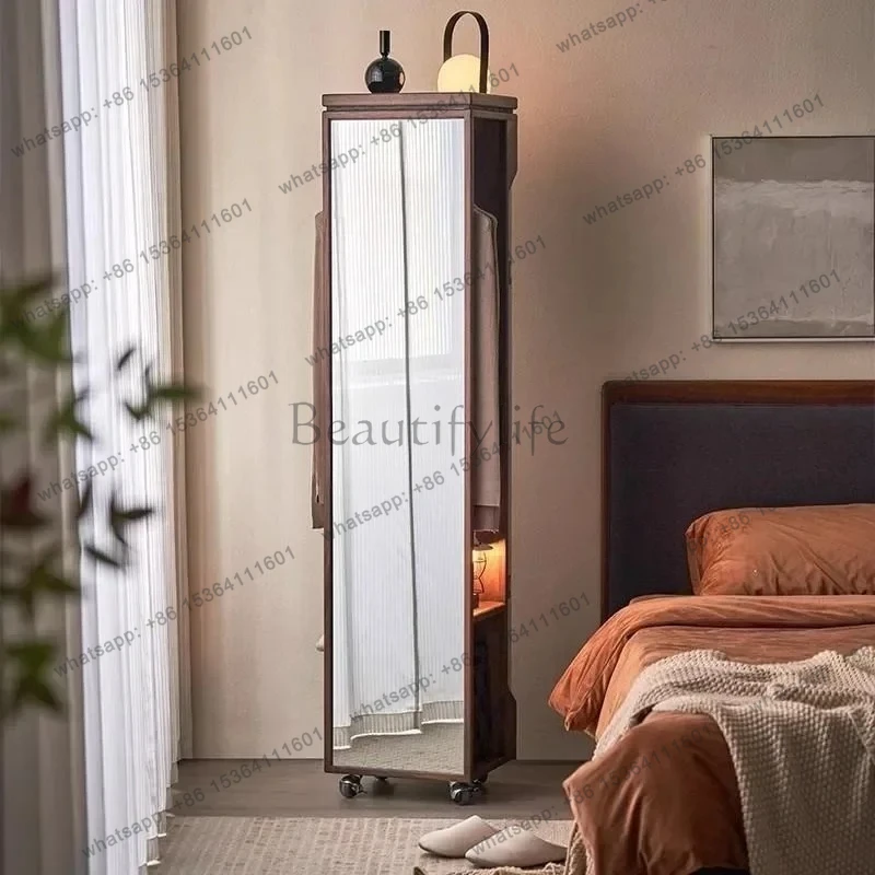 Solid wood rotating full-length mirror, black walnut magazine rack, floor-to-ceiling coat rack, full-length mirror.