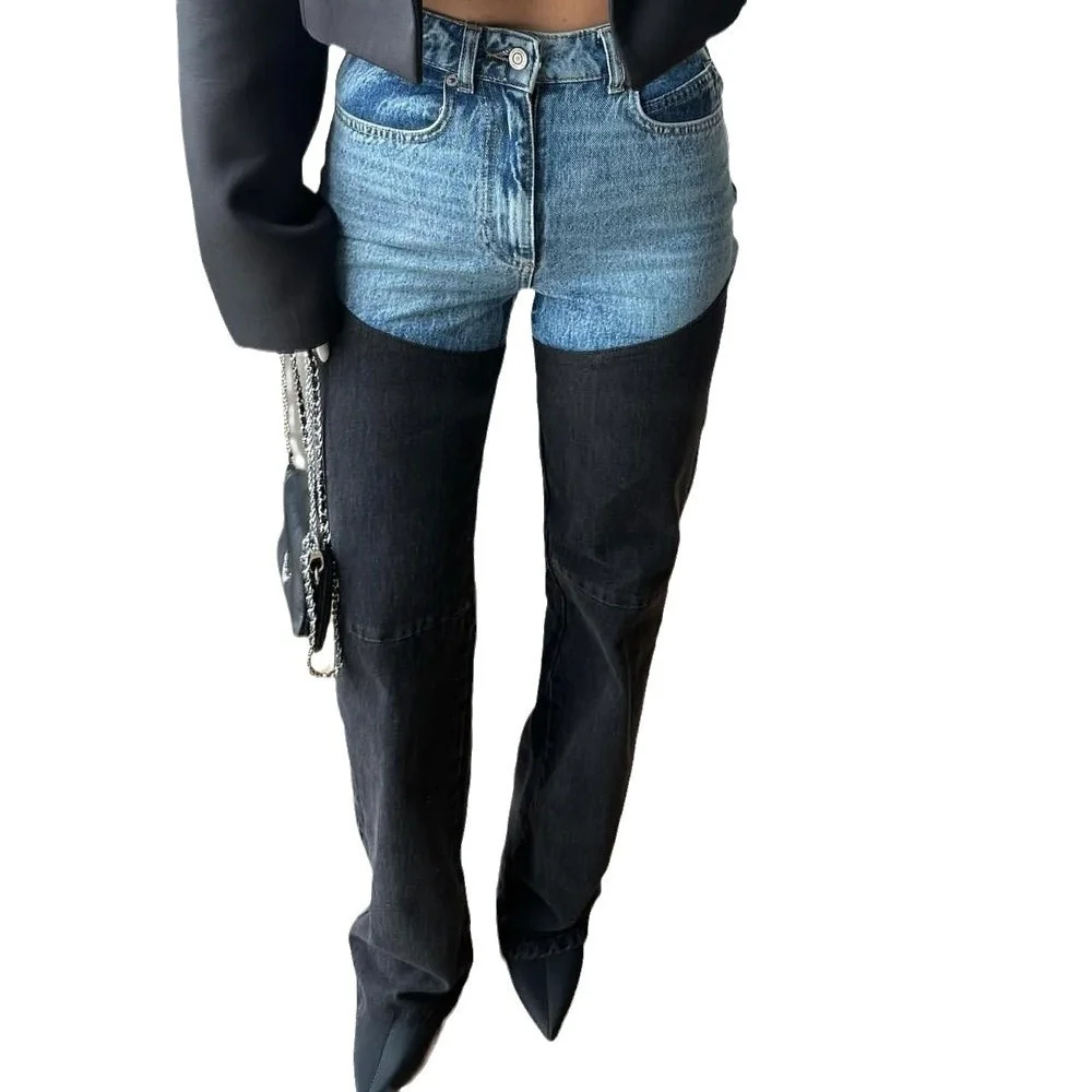 

Spring 2025 Women's Fashion Casual Spliced Straight Leg Distressed Denim Jeans High Waist Deep Color Folded