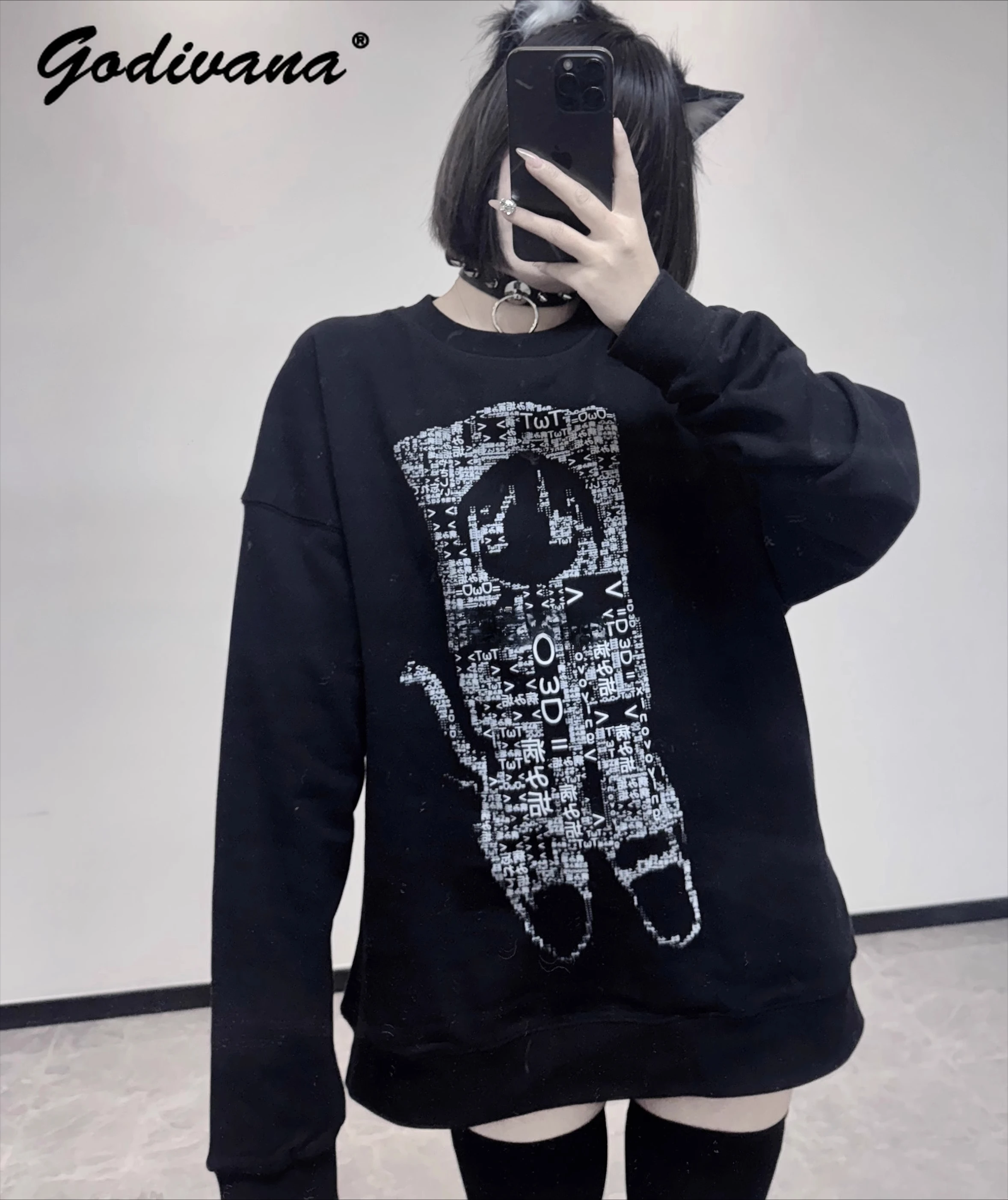 Оригинальный осенне-зимний свитшот, женский комикс Kaomoji Y2K, акварельный милый флисовый пуловер с круглым вырезом, топы с капюшоном