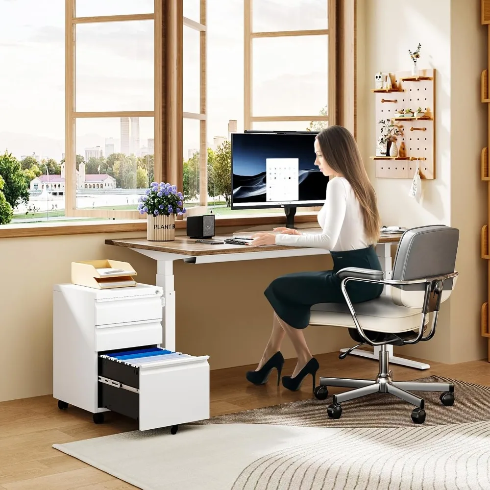 Metal Rolling 3-Drawer File Cabinet with Lock, Mobile Under Desk Storage for Home Office, Small Space Organization Solution