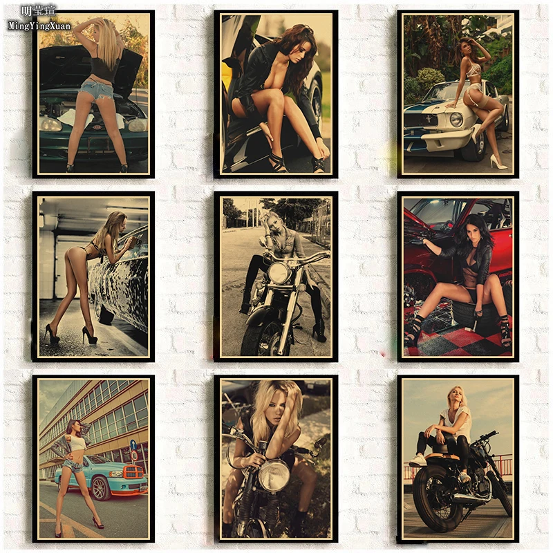 

Artwork Sexy Girl Car beauties Poster Classic Print Woman Kraft Paper Vintage Mural Character Pictures Bedroom Home Decoration