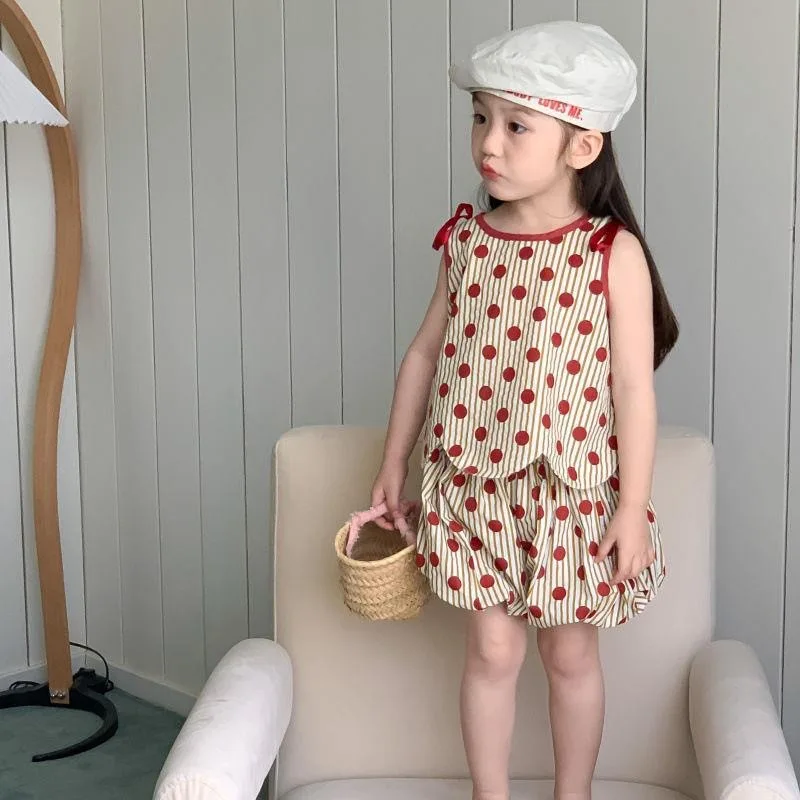 

Cute Girls Polka Dot Set Summer New Korean Style Girl Tank Top Lace Up Top Shorts 2 Piece Suit Kids Outfits