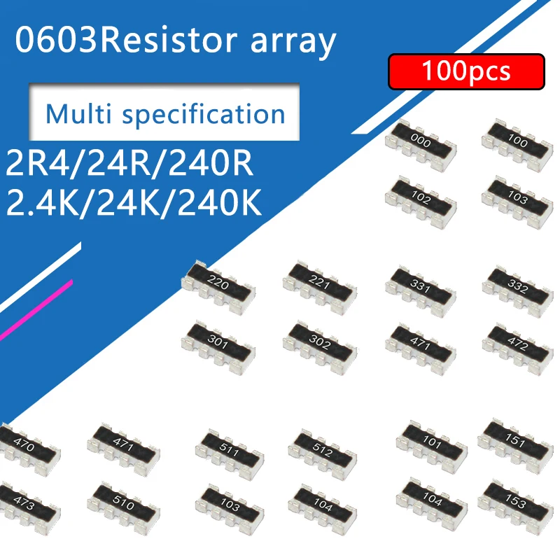 100 шт., 0603*4 8p4r, 2*4p, Smd, сетевая лампа резисторная матрица 2r4, 2,4, 24, 240 Ом, R 2,4 k, 24k, 240k, 241, 242, 243