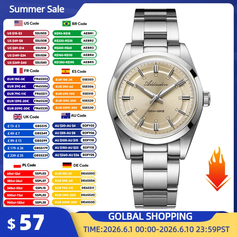 

ADDIESDIVE Luxury Men Quartz Watch 36mm Super Luminous Bubble Mirror Glass Waterproof Watches For Man Stainless Steel Watch Male