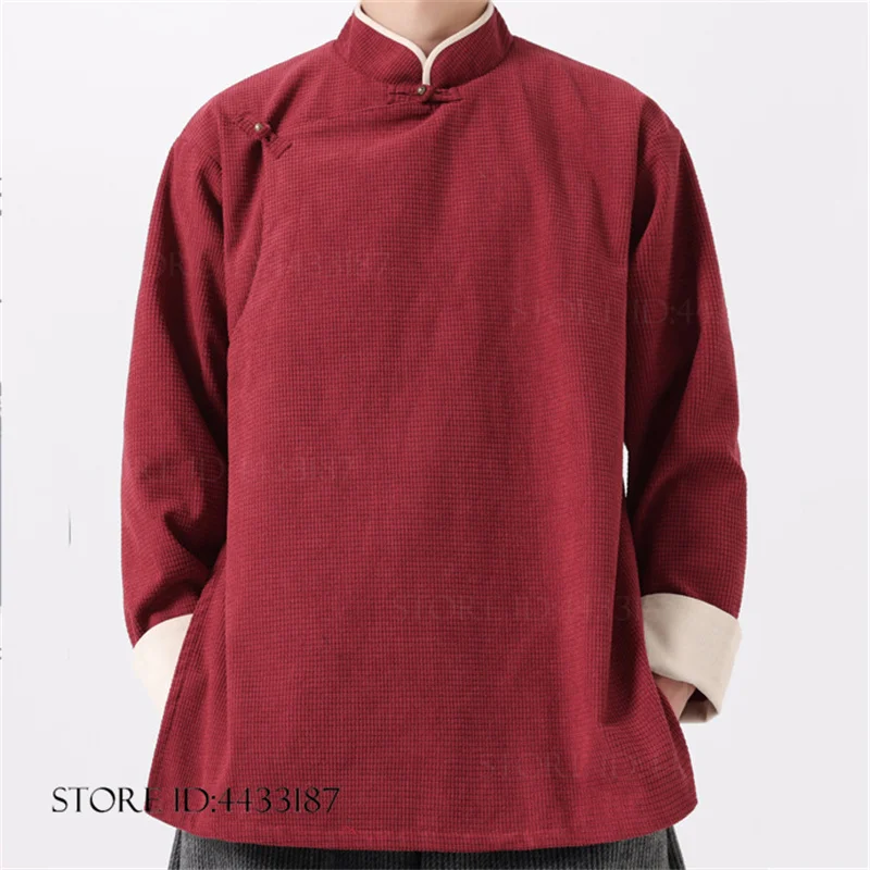 Men Red Waffle Tang Suit Shirt Chinese Placket  Long Sleeve Top Contrast Cuff Traditional Ethnic Outfit Plus Size 3XL-5XL