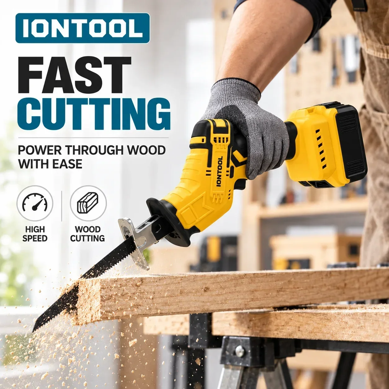 IONTOOL Yellow Cordless Saber Saw - Garden Branch Trimming PVC Pipe Cutting Wooden Pallet Dismantling & Recycling Tool