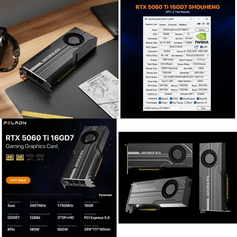 Hot Sale GeForce RTX 5060 Ti 16G Desktop Graphics Card with PCI Express Interface and Fan Cooler Display Card New Product