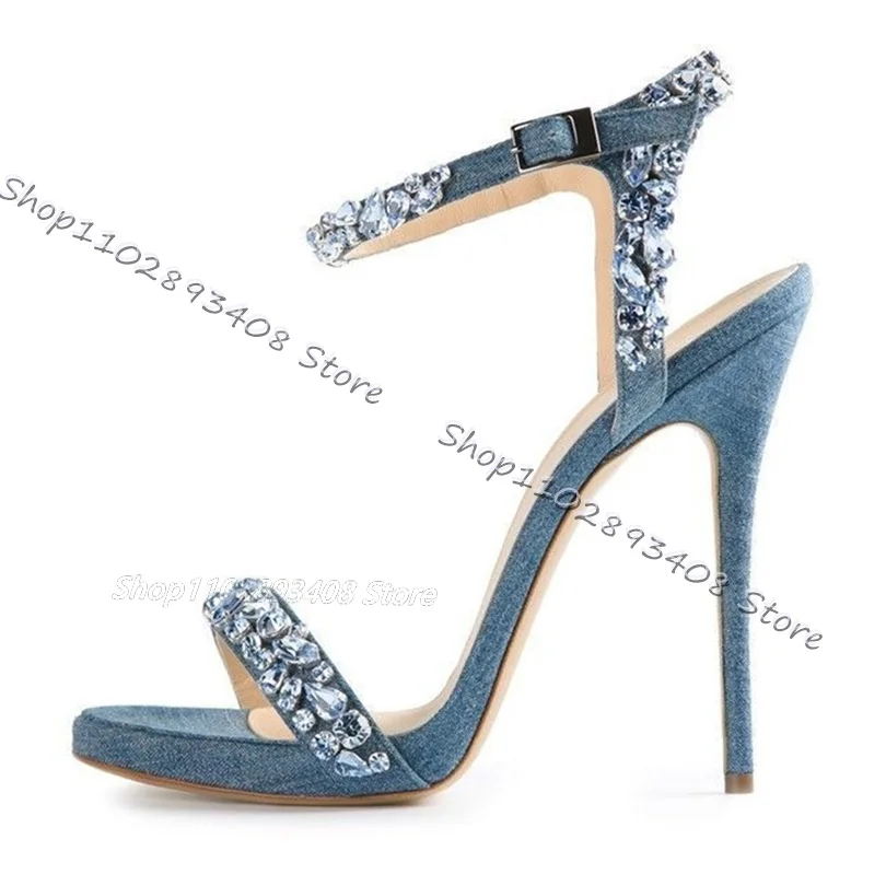 Denim Crystal Decor Sandals Open Toe Solid Ankle Buckle Women Sandals Summer Women Dress Elegant Shoes 2023 Zapatos Para Mujere